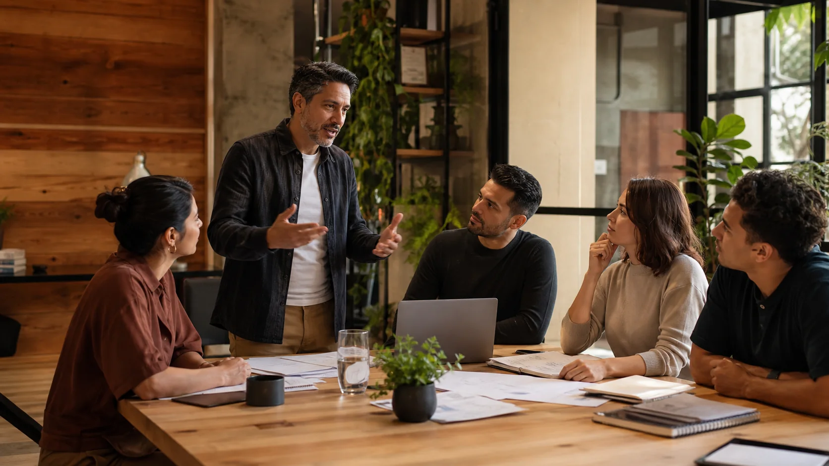 Empresario liderando una conversación estratégica con un equipo diverso