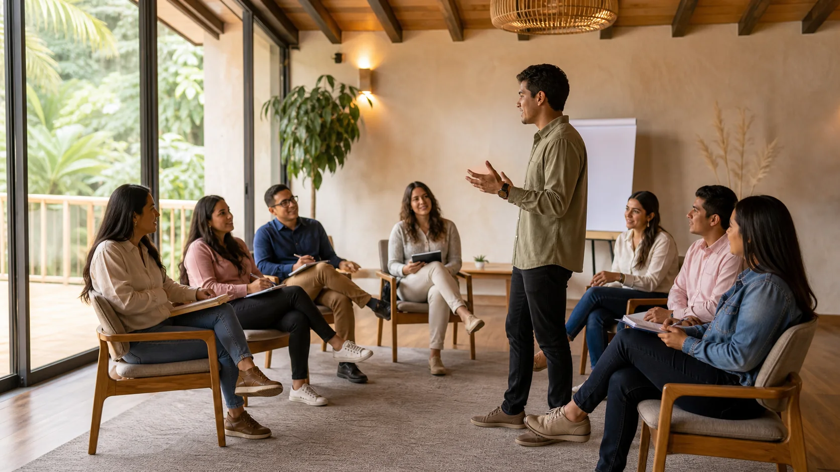 Grupo diverso de jóvenes profesionales participando en una sesión de liderazgo
