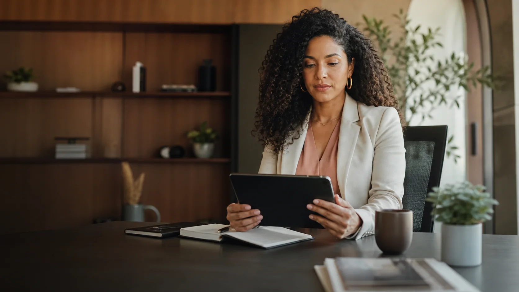 Profesional afro-latina analizando una decisión estratégica