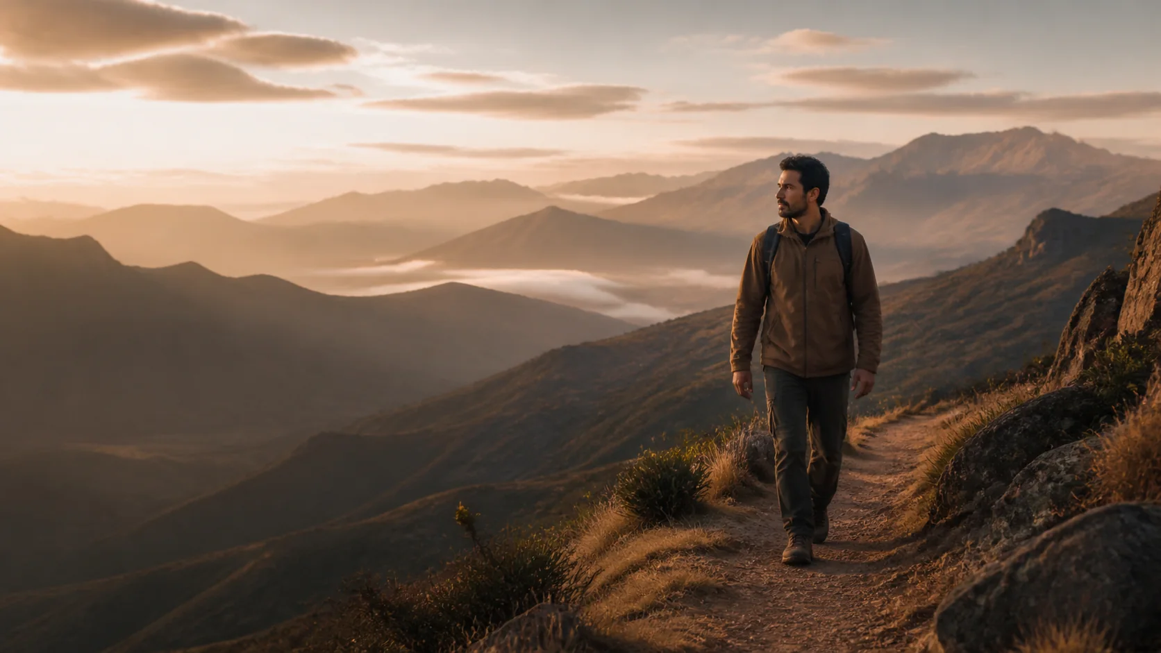 Hombre caminando con serenidad por un paisaje de montaña